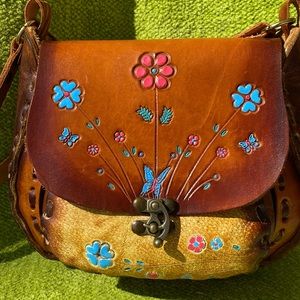 Boho Hand Crafted Floral Tooled Crossbody Bag